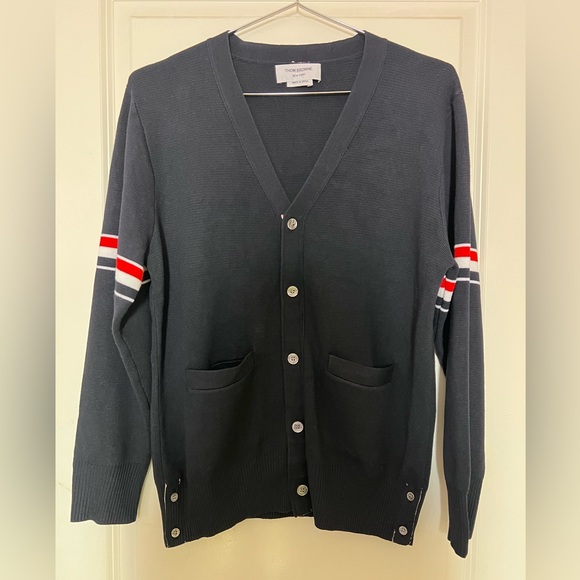 None Other - & Other Stories Charcoal Cardigan with Red and White Stripes